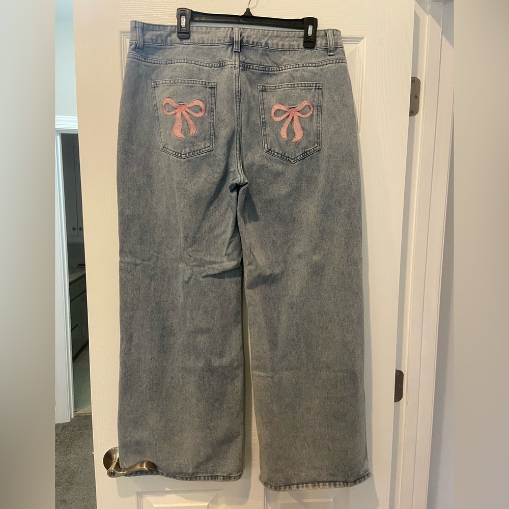 Women's Wide Leg Gray Blue Jeans with Pink Bow Accents